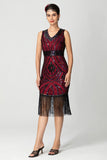 Bainha com franjas Sequin V Neck Preto Bugundy Vestido dos anos 1920