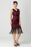 Bainha com franjas Sequin V Neck Preto Bugundy Vestido dos anos 1920