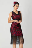 Bainha com franjas Sequin V Neck Preto Bugundy Vestido dos anos 1920