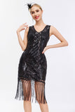 Sparkly Preto Dourado V Pescoço Bainha Gatsby 1920s Vestido com Tassles