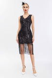 Sparkly Preto Dourado V Pescoço Bainha Gatsby 1920s Vestido com Tassles