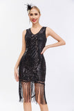 Sparkly Preto Dourado V Pescoço Bainha Gatsby 1920s Vestido com Tassles