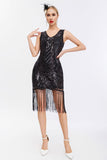 Sparkly Preto Dourado V Pescoço Bainha Gatsby 1920s Vestido com Tassles