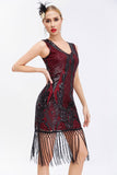 Sparkly Preto Dourado V Pescoço Bainha Gatsby 1920s Vestido com Tassles