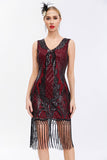 Sparkly Preto Dourado V Pescoço Bainha Gatsby 1920s Vestido com Tassles