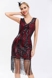 Sparkly Preto Dourado V Pescoço Bainha Gatsby 1920s Vestido com Tassles