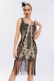 Sparkly Preto Dourado V Pescoço Bainha Gatsby 1920s Vestido com Tassles