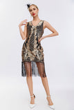 Sparkly Preto Dourado V Pescoço Bainha Gatsby 1920s Vestido com Tassles