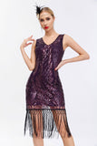 Sparkly Preto Dourado V Pescoço Bainha Gatsby 1920s Vestido com Tassles