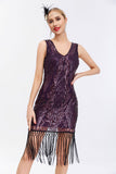 Sparkly Preto Dourado V Pescoço Bainha Gatsby 1920s Vestido com Tassles