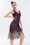 Sparkly Preto Dourado V Pescoço Bainha Gatsby 1920s Vestido com Tassles