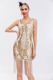 Sparkly Preto Dourado V Pescoço Bainha Gatsby 1920s Vestido com Tassles