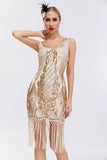 Sparkly Preto Dourado V Pescoço Bainha Gatsby 1920s Vestido com Tassles