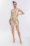 Sparkly Preto Dourado V Pescoço Bainha Gatsby 1920s Vestido com Tassles