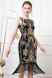 Brilhante Preto Bainha Dourada Boat Neck Fringed 1920s Vestido