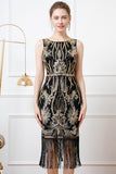 Brilhante Preto Bainha Dourada Boat Neck Fringed 1920s Vestido