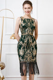 Brilhante Preto Bainha Dourada Boat Neck Fringed 1920s Vestido