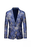 Azul Impresso Um Botão Notched Lapela Fit Blazer Masculino