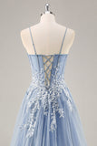 Vestido De Baile com Fenda Azul Cinzento Longo Linha-A Sem Alças