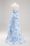 Vestido De Baile Longo Sereia Sem Alças Branco Azul Flores Chiffon