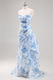 Vestido De Baile Longo Sereia Sem Alças Branco Azul Flores Chiffon