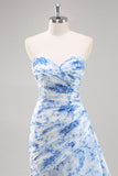 Vestido De Baile Longo Sereia Sem Alças Branco Azul Flores Chiffon