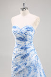Vestido De Baile Longo Sereia Sem Alças Branco Azul Flores Chiffon
