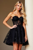 Preto Uma Linha Querida Appliqued Sheer Corset Short Homecoming Dress