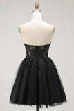 Preto Uma Linha Querida Appliqued Sheer Corset Short Homecoming Dress