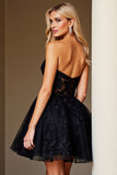 Preto Uma Linha Querida Appliqued Sheer Corset Short Homecoming Dress