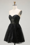 Preto Uma Linha Querida Appliqued Sheer Corset Short Homecoming Dress