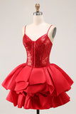 Sparkly Red A-Line Tiered babado Homecoming Dress