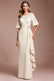Damasco Ruched Bainha Longos Vestido Mae Noiva com Renda