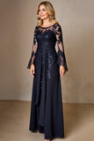 Marinha Chiffon Linha-A Longos Vestido Mae Noiva com Renda