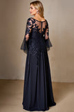 Marinha Chiffon Linha-A Longos Vestido Mae Noiva com Renda