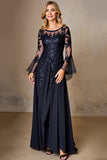 Marinha Chiffon Linha-A Longos Vestido Mae Noiva com Renda