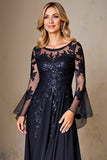 Marinha Chiffon Linha-A Longos Vestido Mae Noiva com Renda
