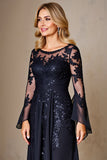 Marinha Chiffon Linha-A Longos Vestido Mae Noiva com Renda