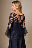 Marinha Chiffon Linha-A Longos Vestido Mae Noiva com Renda