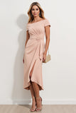 Damasco Fora do Ombro Ruched Midi Vestido Mae Noiva com fenda
