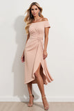 Damasco Fora do Ombro Ruched Midi Vestido Mae Noiva com fenda