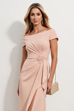 Damasco Fora do Ombro Ruched Midi Vestido Mae Noiva com fenda