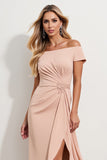 Damasco Fora do Ombro Ruched Midi Vestido Mae Noiva com fenda