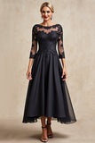 Preto Pescoço de Barco Linha-A Chiffon Longos Vestido Mae Noiva