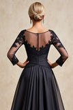 Preto Pescoço de Barco Linha-A Chiffon Longos Vestido Mae Noiva