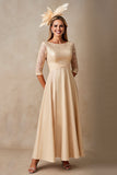 Champanhe Pescoço de Barco Applique Vestido Mae Noiva com Mangas