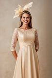 Champanhe Pescoço de Barco Applique Vestido Mae Noiva com Mangas