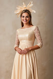 Champanhe Pescoço de Barco Applique Vestido Mae Noiva com Mangas