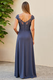 Crepúsculo Ruched Pescoço de Barco Longos Vestido Mae Noiva com Fenda