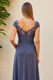 Crepúsculo Ruched Pescoço de Barco Longos Vestido Mae Noiva com Fenda